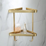 Brushed gold brass bathroom shower corner rack with two-tier shelves and integrated hooks for decorbites brass bathroom