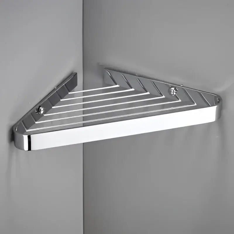 Brushed gold brass bathroom shower rack with hooks and chrome-finished triangular caddy featuring angled ridged bars