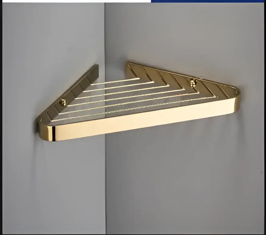 Brushed gold brass bathroom shower rack with triangle wire mesh and hooks for corner decorbites brass bathroom storage