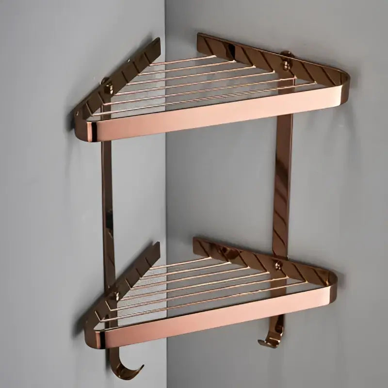 Rose gold two-tier corner shelf with brushed metal finish for brass bathroom shower rack and decorbites brass bathroom use