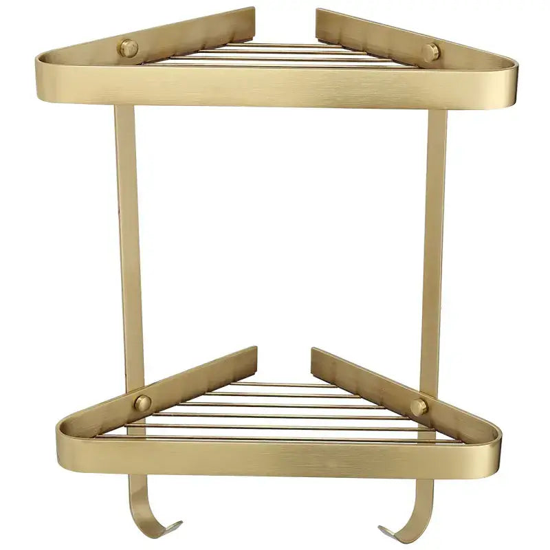 Brushed gold brass bathroom shower rack with double-tier wire mesh shelves and curved hooks for corner storage