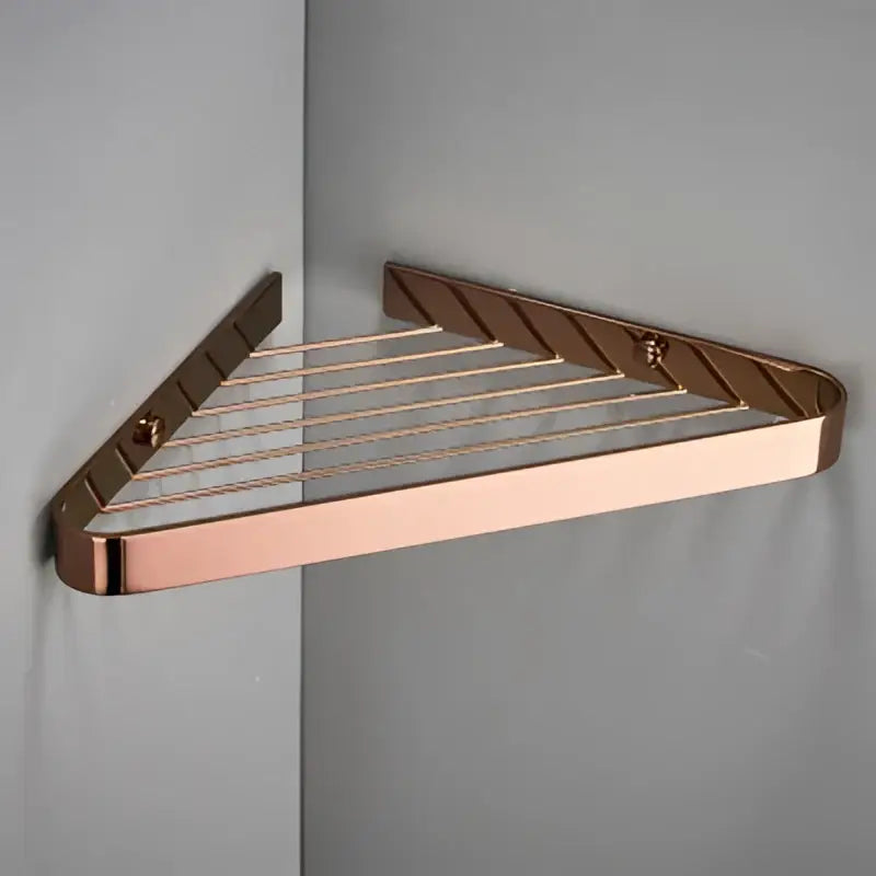 Brushed gold brass bathroom shower rack with rose gold triangular corner shelf and polished metal finish for decorbites brass bathroom