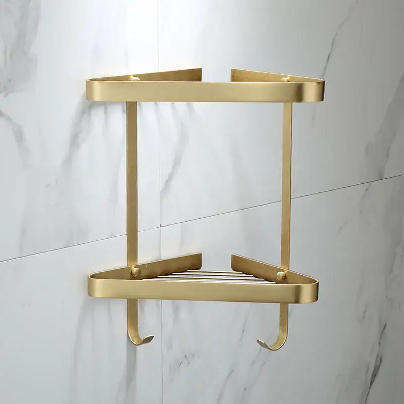 Brushed gold brass bathroom shower rack with hooks minimalist two-tiered corner shelf for decorbites brass bathroom storage