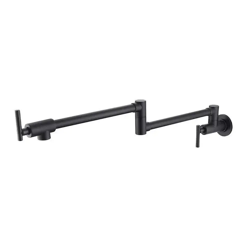 Black matte adjustable pot filler faucet with two t-shaped handles and modern design for kitchen wall mount installation
