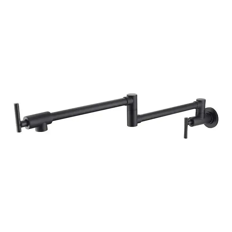 Black matte-finish adjustable pot filler faucet with two handles and modern design for kitchen wall mount use