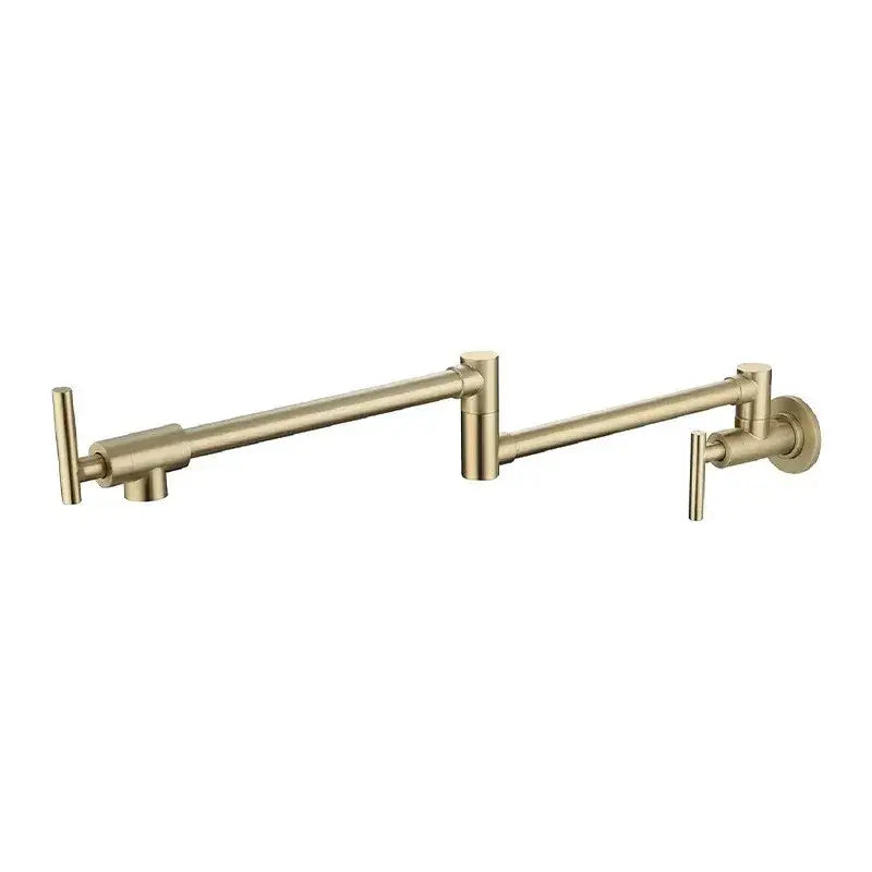 Brushed gold foldable pot filler faucet with brass finish, extendable design, dual handles, and kitchen wall mount