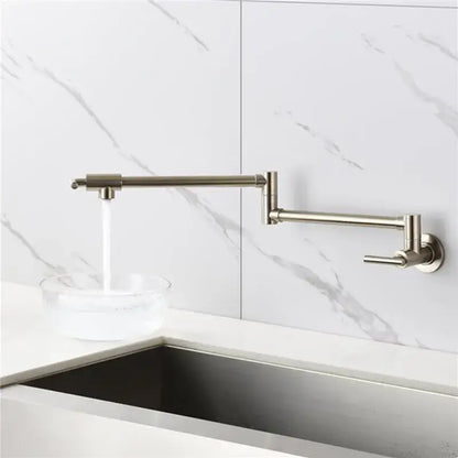 Brushed nickel gooseneck pot filler faucet with dual handles and extendable design for kitchen wall mount use