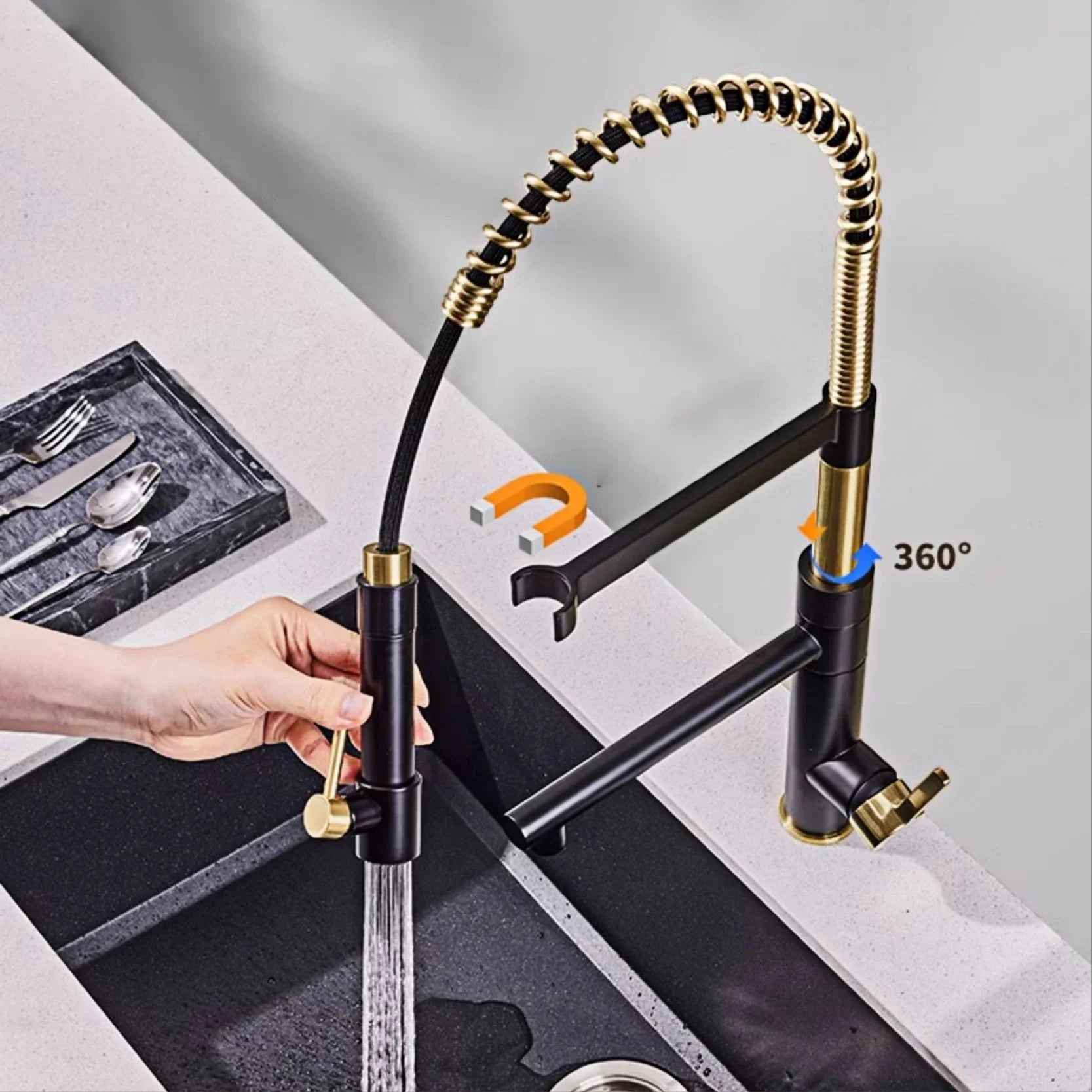 Brushed gold single hole kitchen faucet with black flexible coiled spout high arc pull down sprayer vintage style
