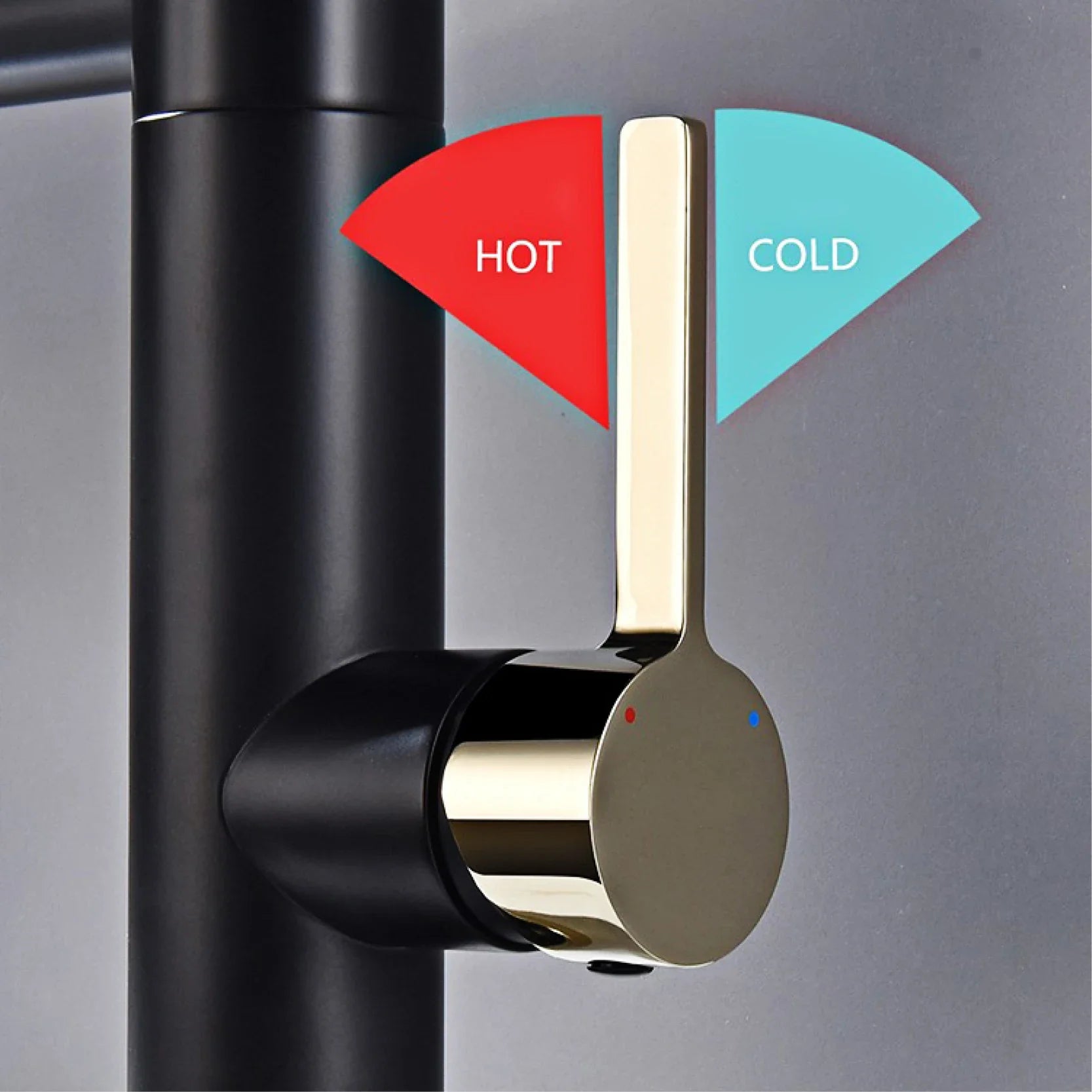 Modern black and gold single hole bathroom faucet with brushed brass high arc spout and hot cold indicators