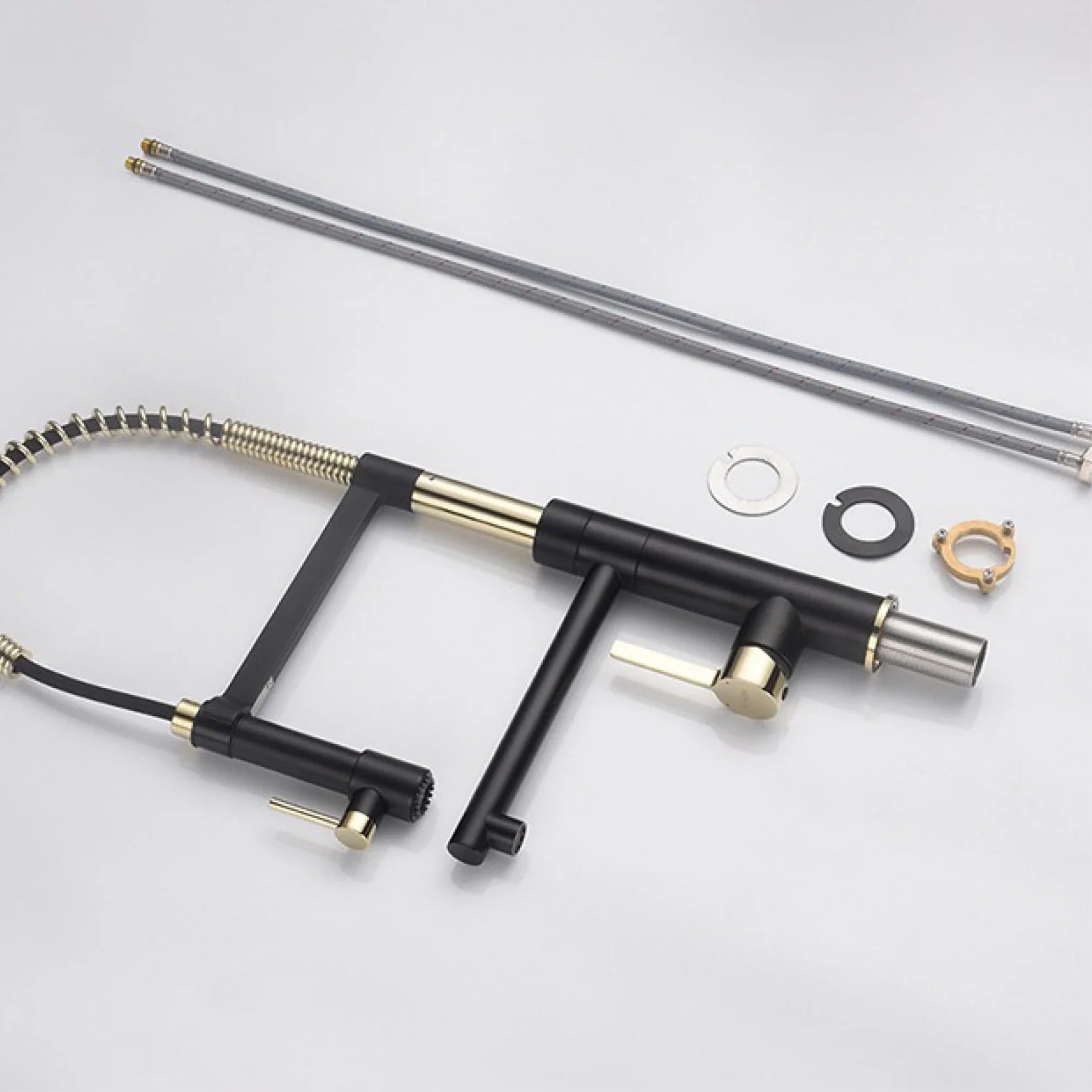 Brushed gold single hole island kitchen faucet with black and brass flexible gooseneck spout and dual handles