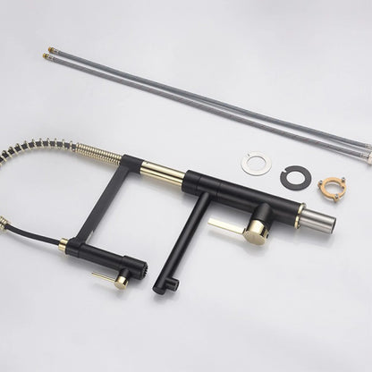 Brushed gold single hole island kitchen faucet with black and brass flexible gooseneck spout and dual handles