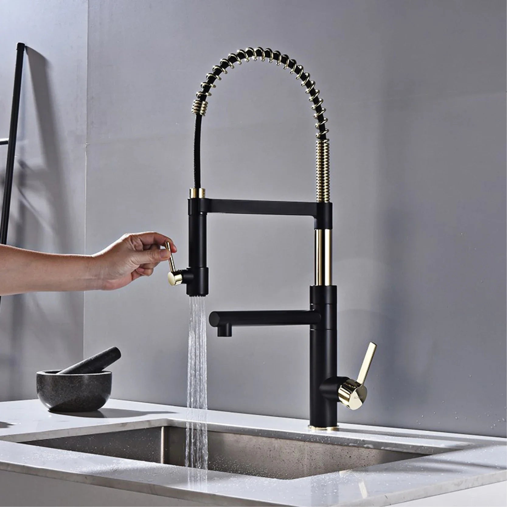 Brushed gold single hole kitchen faucet with flexible coiled spout brass high arc pull down sprayer deck mount