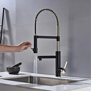 Brushed gold single hole kitchen faucet with flexible coiled spout brass high arc pull down sprayer deck mount