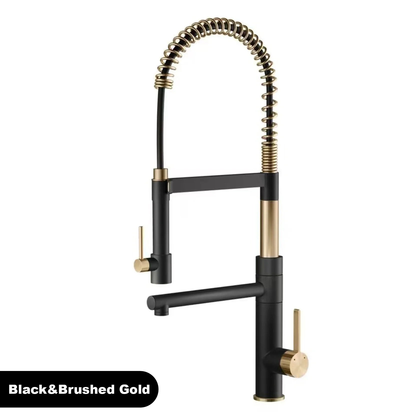 Brushed gold single hole kitchen faucet with black flexible coiled gooseneck spout for vintage island sink mixer