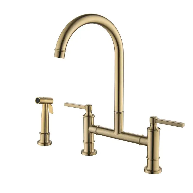 Brushed gold kitchen bridge faucet with two handles and hand shower head in brass finish for versatile use