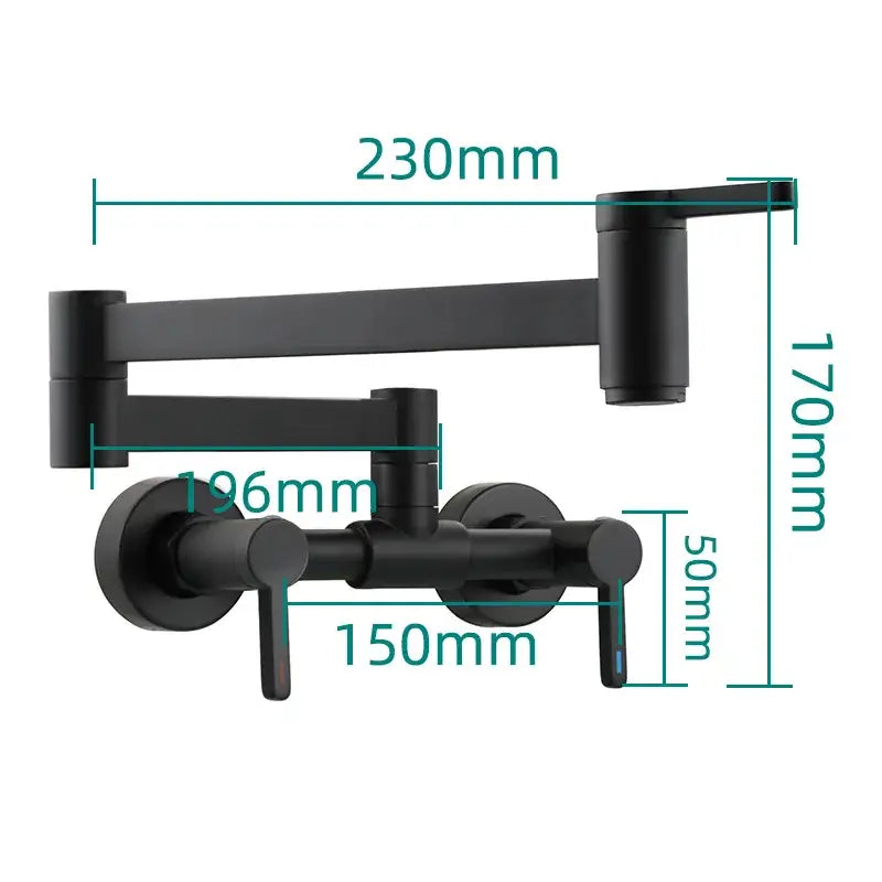 Black matte kitchen faucet with articulated arm and dual handles contrasting brushed gold kitchen faucet with foldable spout