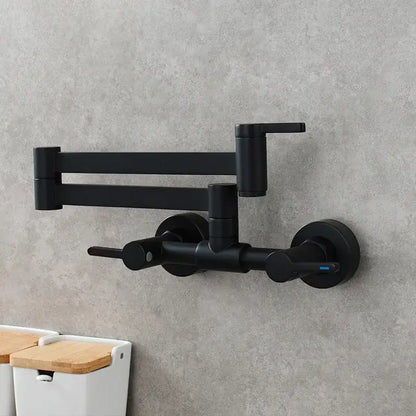 Black matte kitchen faucet with dual handles and extendable foldable spout in brushed gold finish for modern kitchens