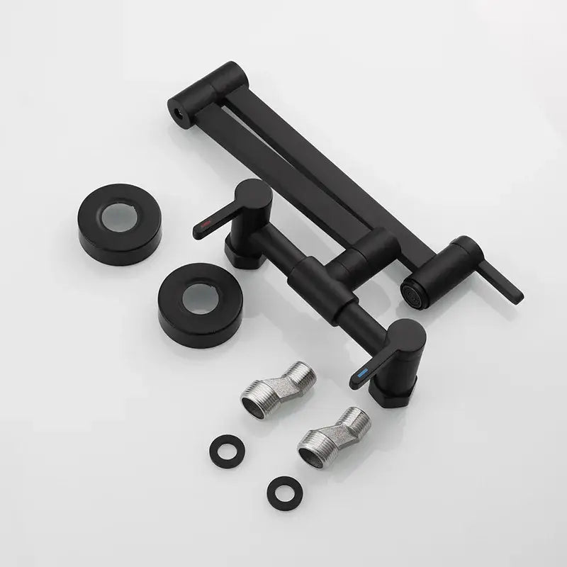 Black matte kitchen faucet with two handles and hardware for a brushed gold kitchen faucet with foldable spout design