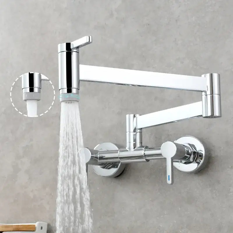Chrome-finished kitchen faucet with articulated foldable spout and dual handles for hot and cold water control