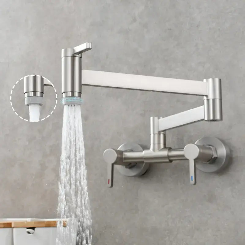 Brushed gold kitchen faucet with a foldable spout and stainless steel gooseneck design featuring an adjustable spray nozzle
