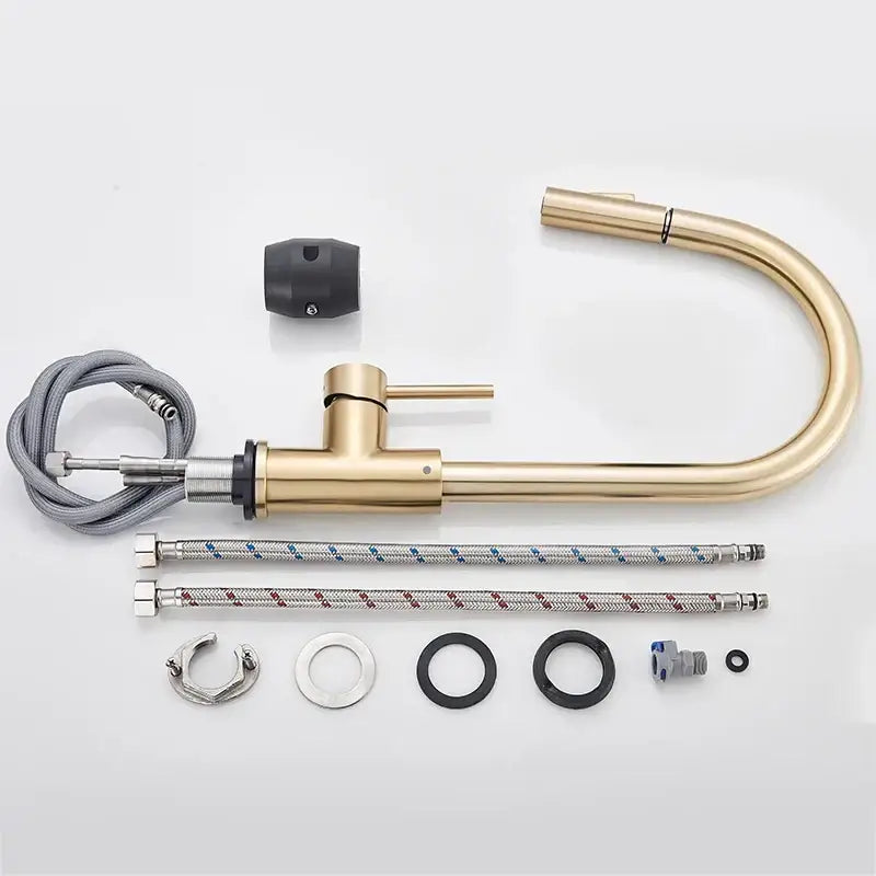 Brushed gold kitchen faucet with high arc pull down spray head and sleek curved spout by decorbites brushed gold