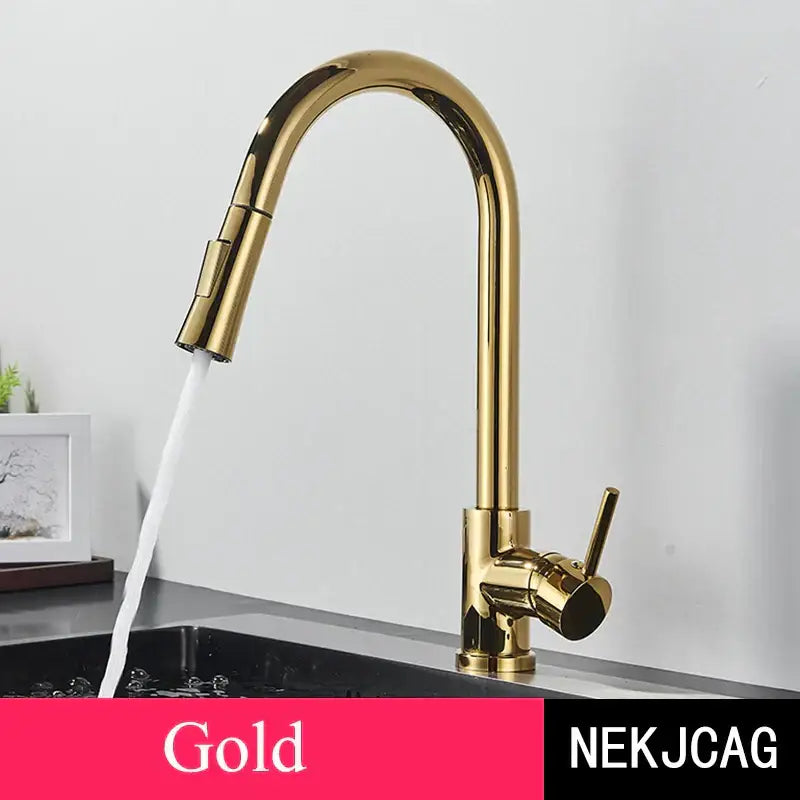Brushed gold kitchen faucet with high arc pull down spray head from decorbites for modern kitchen design