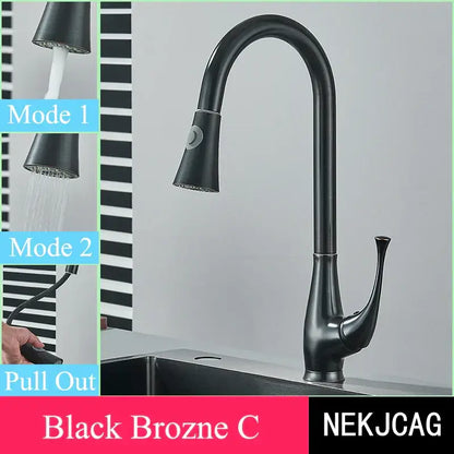Black bronze kitchen faucet with sleek curved spout and pull-out spray head for decorbites brushed gold kitchen decor