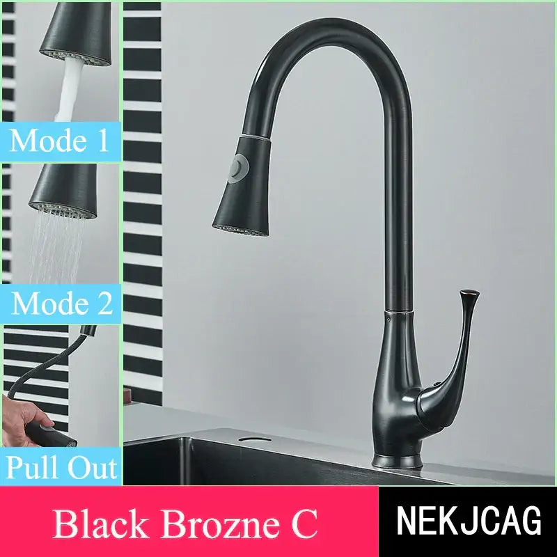 Black bronze kitchen faucet with sleek curved spout and pull-out spray head for decorbites brushed gold kitchen decor