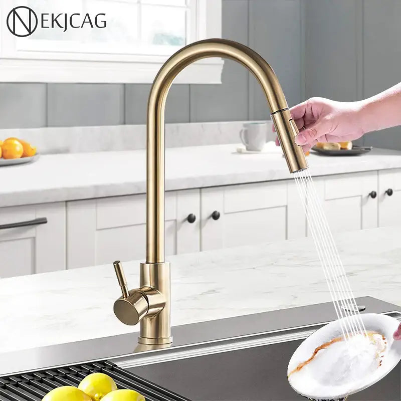 Brushed gold kitchen faucet with high arc pull down spray head featuring brass finish for decorbites brushed gold decor