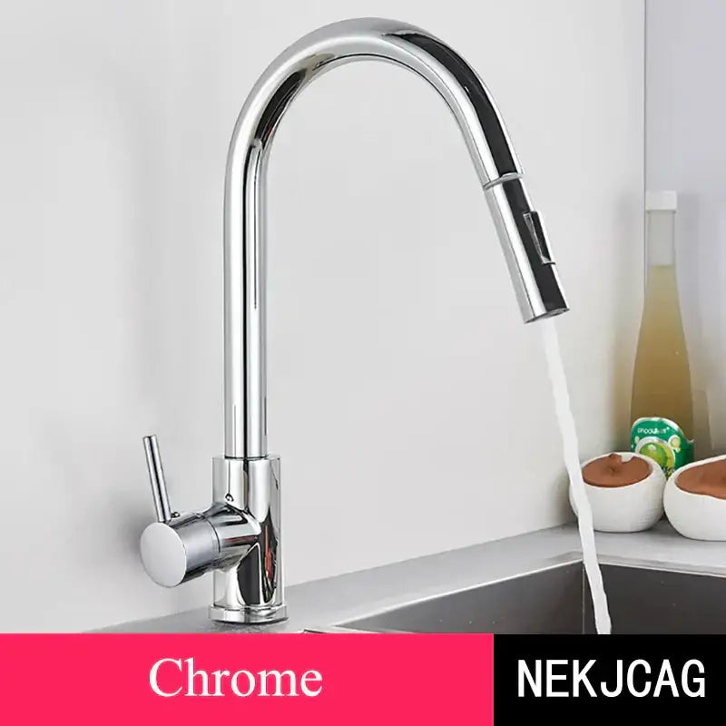 Chrome finished kitchen faucet with sleek arched spout and pull down spray head for brushed gold kitchen decorbites