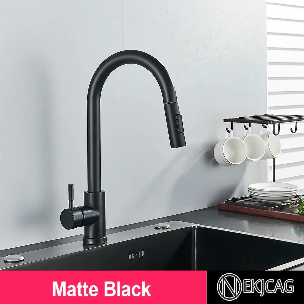 Matte black kitchen faucet with sleek curved spout and pull-down spray head in decorbites brushed gold kitchen style