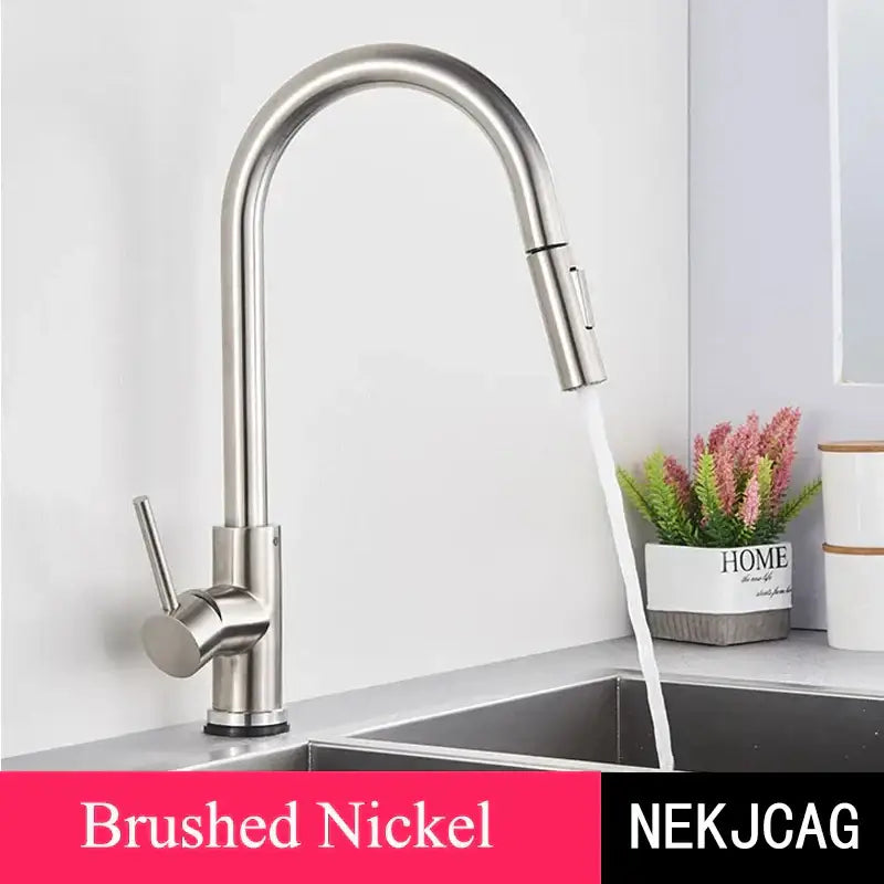 Brushed nickel kitchen faucet with sleek arched spout and pull-down spray head for decorbites brushed gold kitchen decor