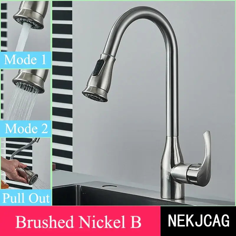 Brushed nickel kitchen faucet with pull-out spray head and flexible hose in decorbites brushed gold kitchen style