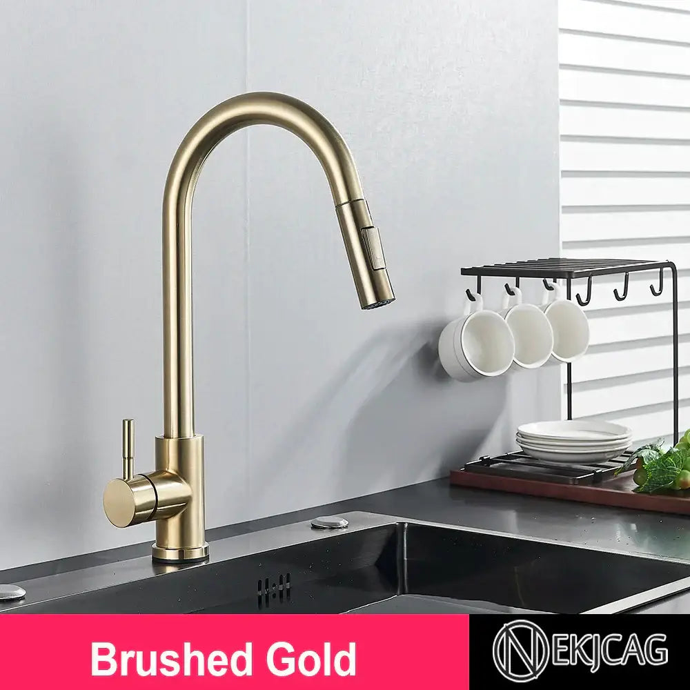 Brushed gold kitchen faucet with a sleek arched spout and decorbites brushed gold high arc pull down spray head