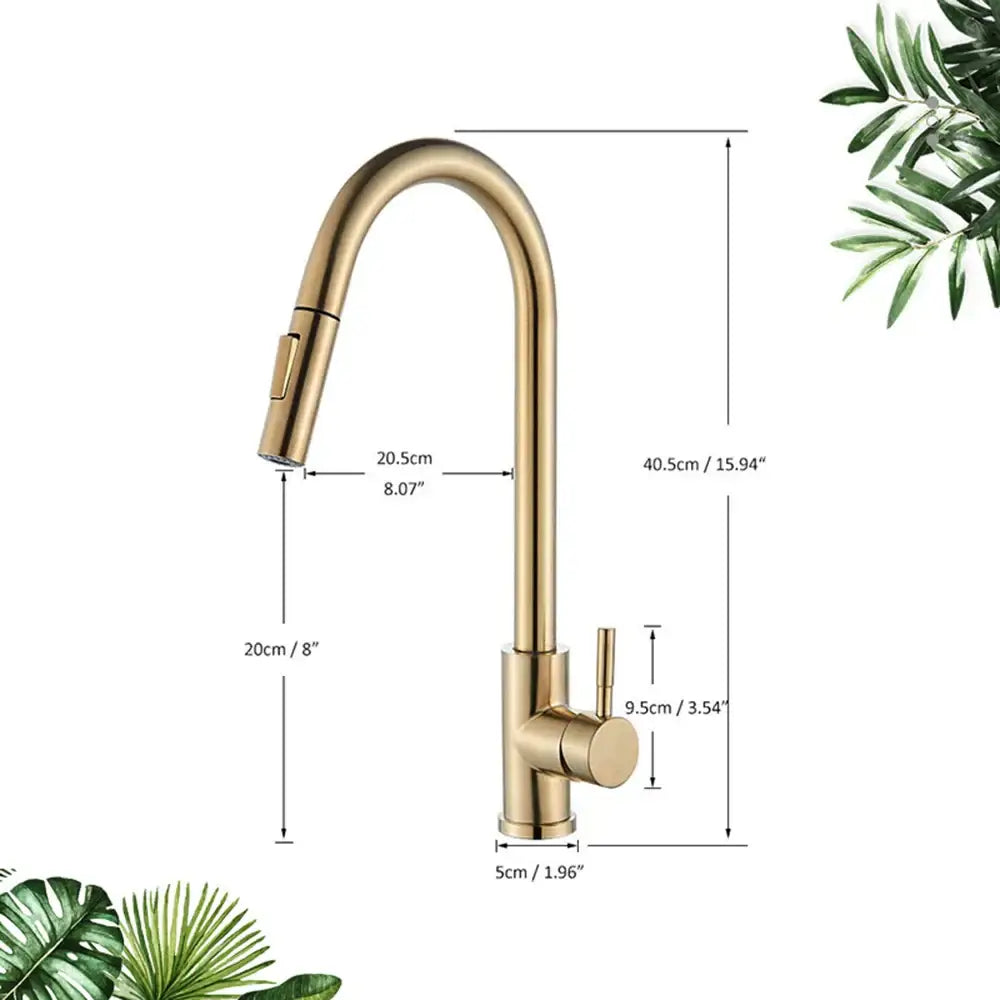 Brushed gold kitchen faucet with high arc pull down spray head featuring a sleek curved spout by decorbites