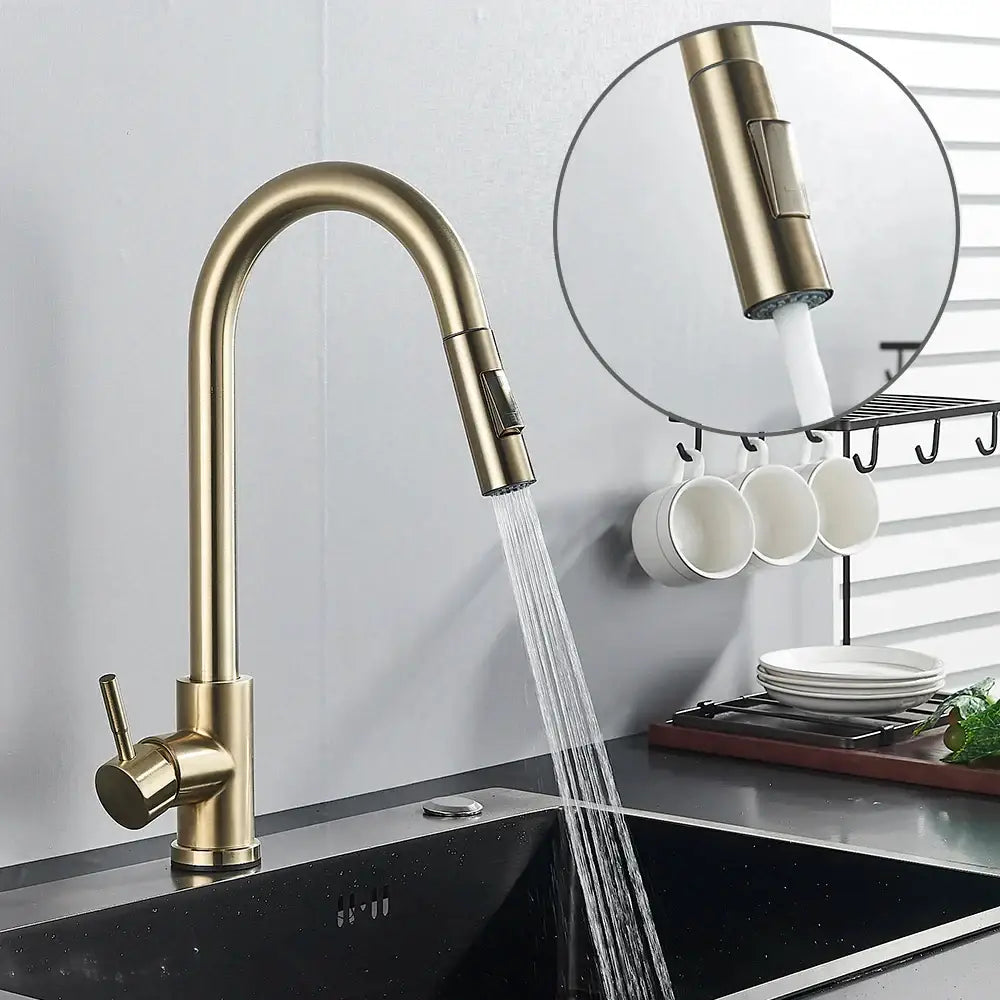 Brushed gold kitchen faucet with high arc pull down spray head and sleek matte finish for modern decorbites brushed gold decor