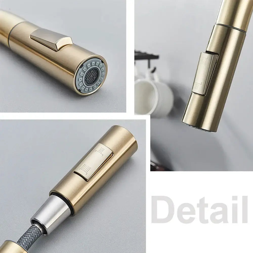 Brushed gold kitchen faucet with high arc pull down spray head and sleek modern design in decorbites brushed gold finish
