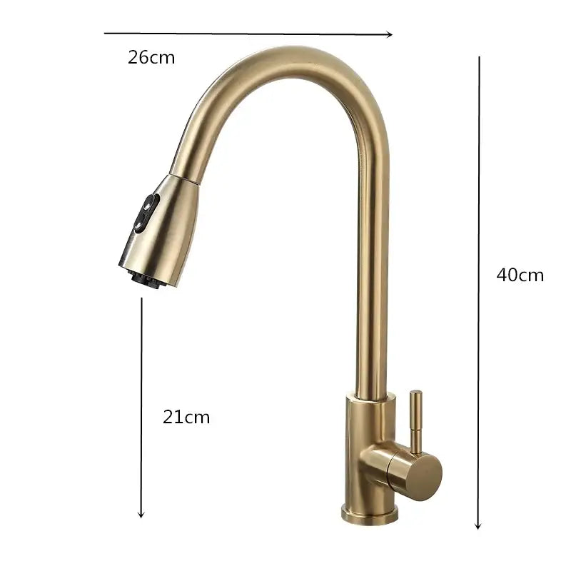 Brushed gold kitchen faucet with pull down spray head featuring a brass finish curved spout and integrated control knob decorbites