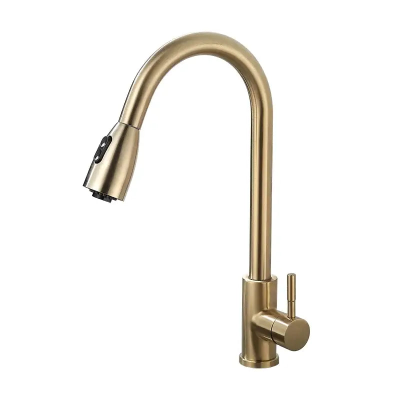 Modern brushed gold kitchen faucet with sleek curved spout and pull down spray head decorbites brushed gold design