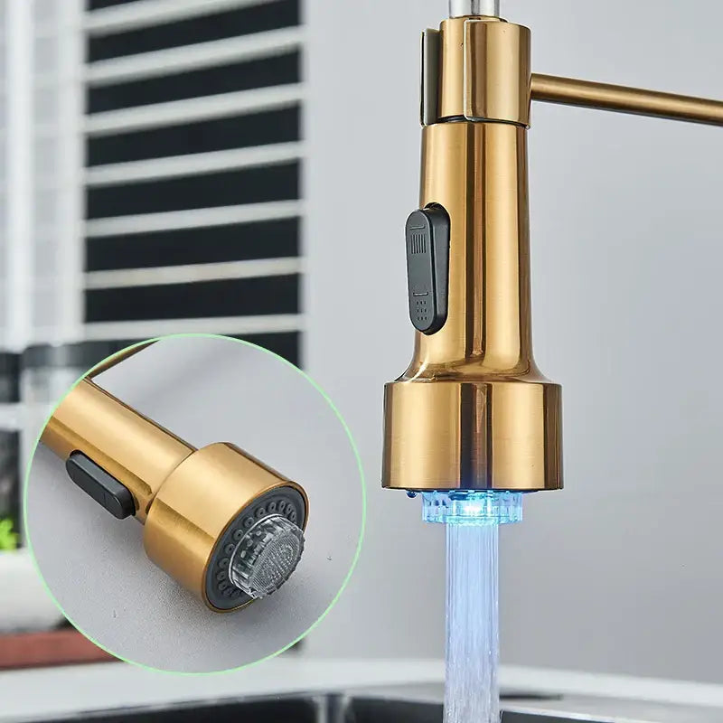 Brushed gold led kitchen faucet with black spring pull down hose and sleek blue led lighting base decorbites brushed gold