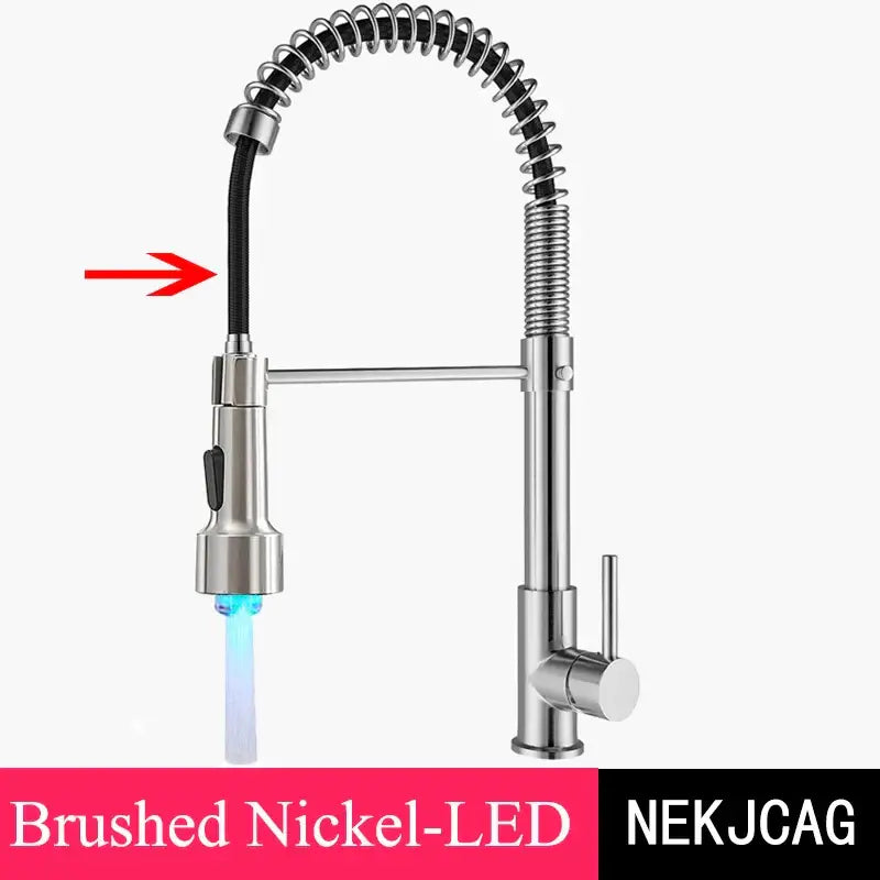 Brushed gold led kitchen faucet with black spring pull down hose and a brushed nickel flexible coiled gooseneck spout with blue light