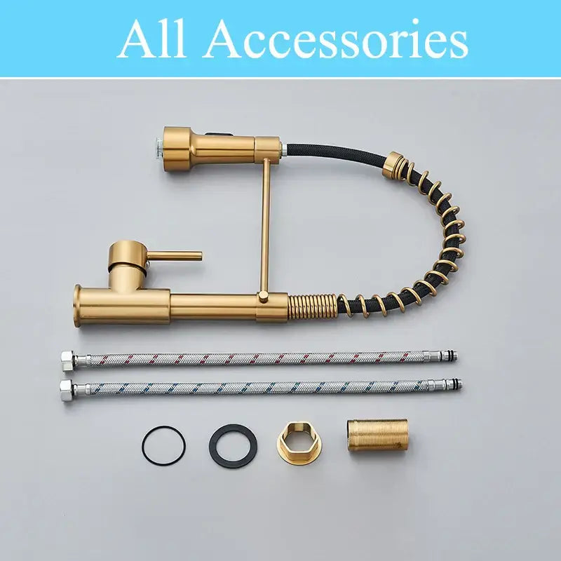 Brushed gold led kitchen faucet with flexible black spring pull down hose and two braided supply tubes by decorbites