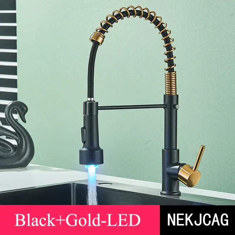 Brushed gold led kitchen faucet with black spring pull down hose featuring flexible spout and decorbites brushed gold finish