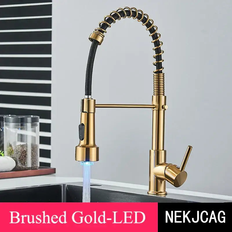 Brushed gold led kitchen faucet with flexible black spring pull down hose by decorbites for modern kitchen decor