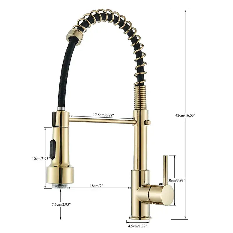Brushed gold led kitchen faucet with sleek gold finish black spring pull down hose and adjustable spray head by decorbites