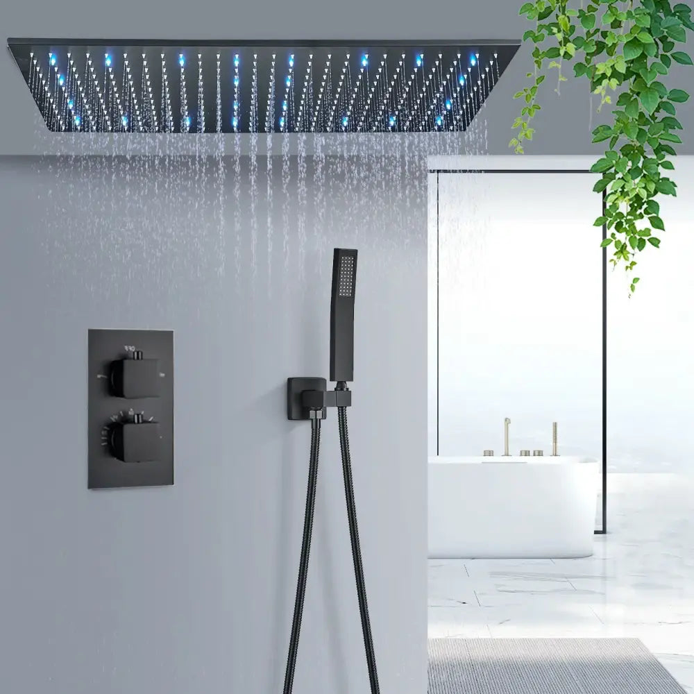 Black rectangular rain shower faucet set with blue led lights and multiple water jets for bathroom use