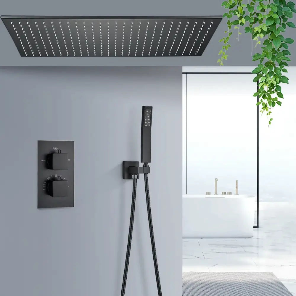 Black matte finish rectangular rain shower head with small nozzles in brushed gold led rainfall shower faucet set