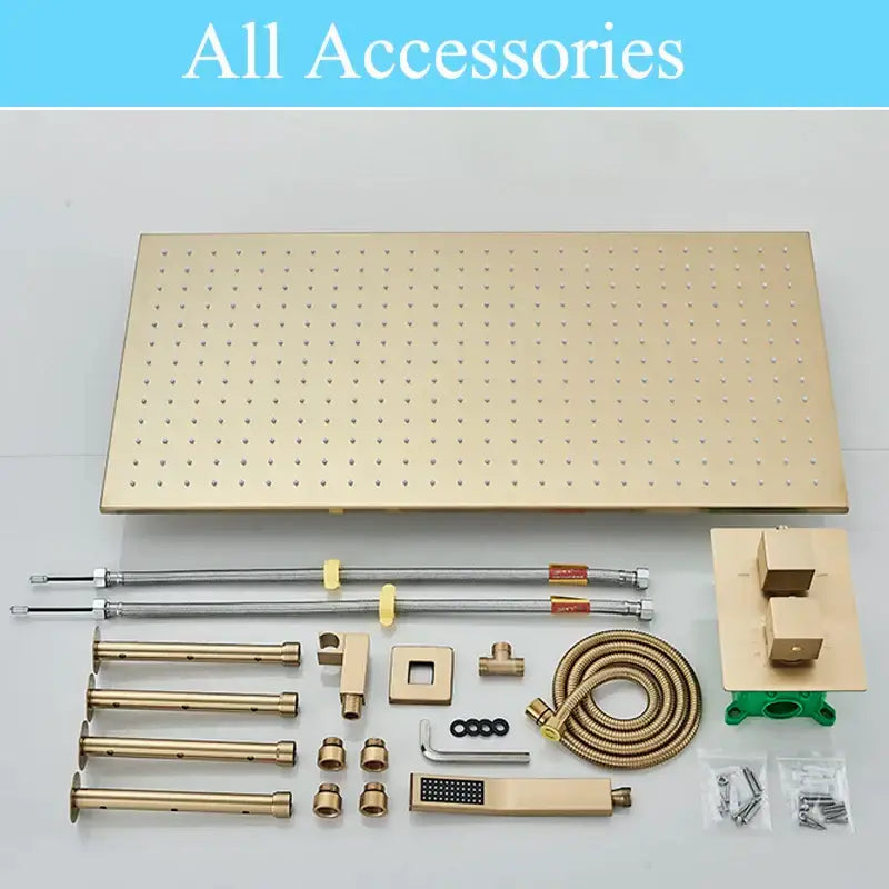 Brushed gold led rainfall shower faucet set featuring a gold-colored brass shower faucet set with matching hardware and perforated panel