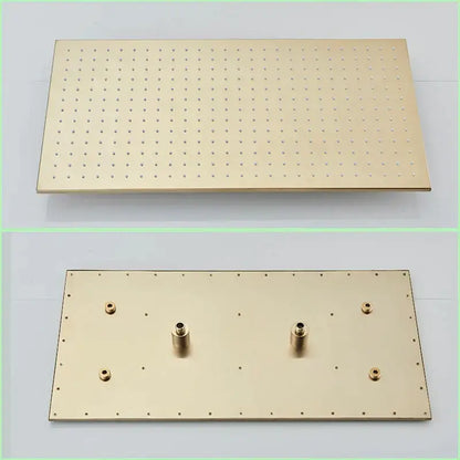 Brushed gold led rainfall shower faucet set rectangular mounting plate with grid holes and four threaded fittings back side
