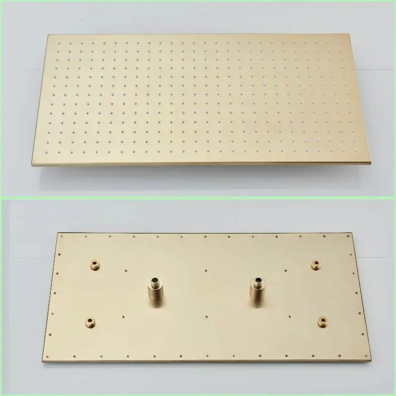 Brushed gold led rainfall shower faucet set rectangular mounting plate with grid holes and four threaded fittings back side